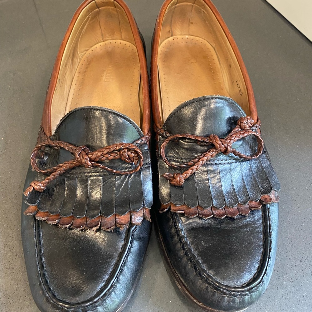 Allen Edmonds Black and Brown Leather Loafers with Kiltie Fringe
